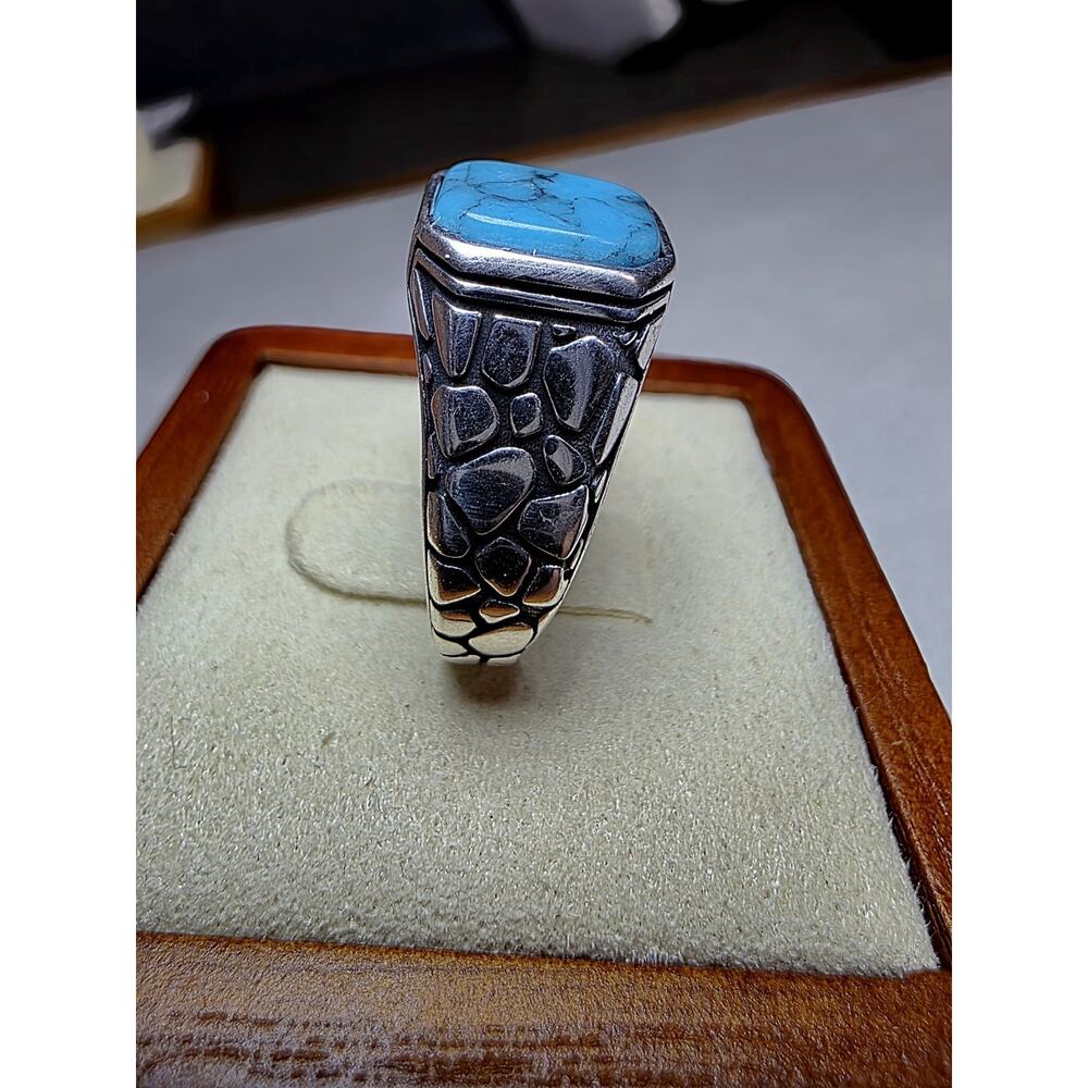 S10 Natural Turquoise Signet Engraved Ring 925 Sterling Silver - Picture 5 of 9